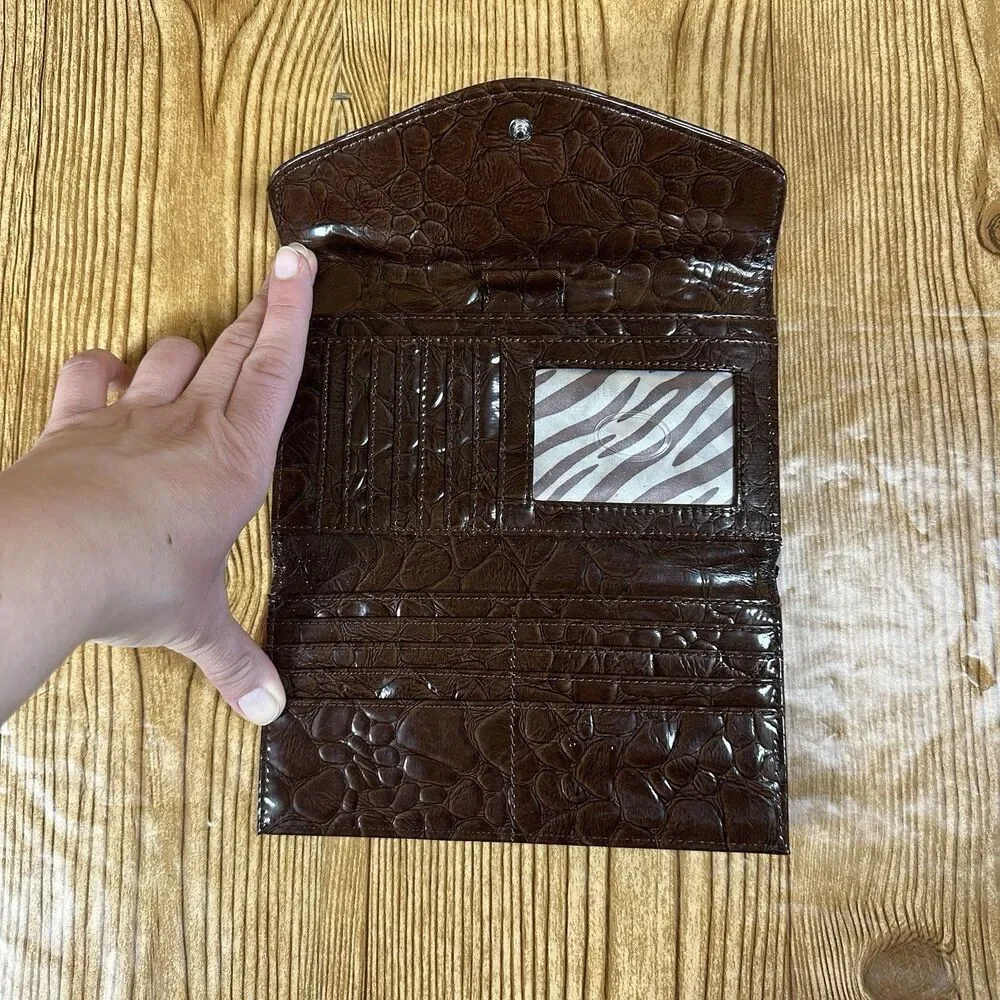 Guess Trifold Wallet Embossed Faux Crocodile‎ Leather Brown Organizer